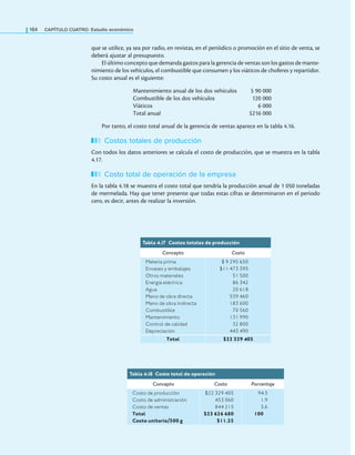 164 CaPítulo CuatRo: Estudio económico
que se utilice, ya sea por radio, en revistas, en el periódico o promoción en el sitio de venta, se
deberá ajustar al presupuesto.
El último concepto que demanda gastos para la gerencia de ventas son los gastos de mante-
nimiento de los vehículos, el combustible que consumen y los viáticos de choferes y repartidor.
Su costo anual es el siguiente:
Mantenimiento anual de los dos vehículos $ 90 000
Combustible de los dos vehículos 120 000
Viáticos 6 000
Total anual $216 000
Por tanto, el costo total anual de la gerencia de ventas aparece en la tabla 4.16.
Costos totales de producción
Con todos los datos anteriores se calcula el costo de producción, que se muestra en la tabla
4.17.
Costo total de operación de la empresa
En la tabla 4.18 se muestra el costo total que tendría la producción anual de 1 050 toneladas
de mermelada. Hay que tener presente que todas estas cifras se determinaron en el periodo
cero, es decir, antes de realizar la inversión.
Tabla 4.17 Costos totales de producción
Concepto Costo
Materia prima
Envases y embalajes
Otros materiales
Energía eléctrica
Agua
Mano de obra directa
Mano de obra indirecta
Combustible
Mantenimiento
Control de calidad
Depreciación
$ 9 295 650
$11 473 395
51 500
86 342
20 618
539 460
183 600
70 560
131 990
32 800
443 490
Total $22 329 405
Tabla 4.18 Costo total de operación
Concepto Costo Porcentaje
Costo de producción
Costo de administración
Costo de ventas
Total
Costo unitario/500 g
$22 329 405
453 060
844 215
$23 626 680
$11.25
94.5
1.9
3.6
100
 