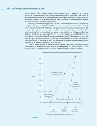 220 CaPítulo SEIS: análisis y administración del riesgo
ser rentable, lo cual la cataloga como de riesgo tecnológico bajo. La línea no es recta por las
razones ya expuestas. No hay que confundir este resultado con el obtenido en el punto de
equilibrio, donde se dijo que el nivel de producción donde los ingresos y los costos se igualan
es aproximadamente de 500 toneladas anuales, pero la igualación de costos totales con ingresos
no signiica que exista rentabilidad económica.
Se dibujó, a manera de comparación, una línea entrecortada para ilustrar cómo se vería
una gráica de riesgo tecnológico alto. Observe que si una empresa tuviera una línea como la
entrecortada en la igura 6.1, tendría que trabajar necesariamente poco más de dos turnos dia-
rios, para apenas obtener el mínimo de rentabilidad económica. La pendiente de esta hipotética
empresa es mucho más pronunciada que la otra, lo cual signiica que si deja de producir una
pequeña cantidad o suspende su producción por un breve lapso, su rentabilidad disminuye
muy rápido y esto, traducido a un lenguaje de producción, signiica dejar ociosos recursos que
son muy caros para la empresa, por ejemplo, que en la producción se contrate mano de obra
muy especializada y cara, y que no tenga mucho trabajo por hacer, o que se rente equipo muy
caro que no se utilice porque no hay ventas, etcétera.
Como se podrá observar, la forma en que se emplea la tecnología de producción está
directamente relacionada con la rentabilidad de una empresa y ésta es la razón por la cual se
dice que existe un riesgo tecnológico, el cual es posible medir por el método mostrado.
1 050 2 100 3 150
toneladas toneladas toneladas
Turnos de trabajo y capacidad de producción
Nivel mínimo
de producción
para retener
rentabilidad
Rentabilidad mínima cuando VPN = 0
Empresa
con riesgo
tecnológico
alto
Empresa con riesgo
tecnológico bajo
16 000
14 000
12 000
10 000
8 000
6 000
4 000
2 000
0
VPN
Figura 6.1
 
