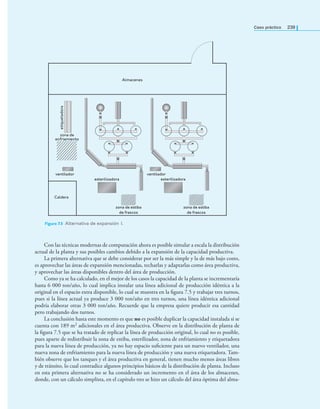 Caso práctico 239
Con las técnicas modernas de computación ahora es posible simular a escala la distribución
actual de la planta y sus posibles cambios debido a la expansión de la capacidad productiva.
La primera alternativa que se debe considerar por ser la más simple y la de más bajo costo,
es aprovechar las áreas de expansión mencionadas, techarlas y adaptarlas como área productiva,
y aprovechar las áreas disponibles dentro del área de producción.
Como ya se ha calculado, en el mejor de los casos la capacidad de la planta se incrementaría
hasta 6 000 ton/año, lo cual implica instalar una línea adicional de producción idéntica a la
original en el espacio extra disponible, lo cual se muestra en la ﬁgura 7.5 y trabajar tres turnos,
pues si la línea actual ya produce 3 000 ton/año en tres turnos, una línea idéntica adicional
podría elaborar otras 3 000 ton/año. Recuerde que la empresa quiere producir esa cantidad
pero trabajando dos turnos.
La conclusión hasta este momento es que no es posible duplicar la capacidad instalada si se
cuenta con 189 m2 adicionales en el área productiva. Observe en la distribución de planta de
la ﬁgura 7.5 que se ha tratado de replicar la línea de producción original, lo cual no es posible,
pues aparte de redistribuir la zona de estiba, esterilizador, zona de enfriamiento y etiquetadora
para la nueva línea de producción, ya no hay espacio suﬁciente para un nuevo ventilador, una
nueva zona de enfriamiento para la nueva línea de producción y una nueva etiquetadora. Tam-
bién observe que los tanques y el área productiva en general, tienen mucho menos áreas libres
y de tránsito, lo cual contradice algunos principios básicos de la distribución de planta. Incluso
en esta primera alternativa no se ha considerado un incremento en el área de los almacenes,
donde, con un cálculo simplista, en el capítulo tres se hizo un cálculo del área óptima del alma-
Caldera
Almacenes
ventilador ventilador
esterilizadora
etiquetadora
zona de
enfriamiento
esterilizadora
zona de estiba
de frascos
zona de estiba
de frascos
Figura 7.5 Alternativa de expansión 1.
 