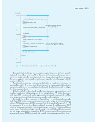 Caso práctico 241
En esta alternativa habría que mover de su sitio original la tapadora de frascos, la esterili-
zadora y la etiquetadora, pero es posible no detener el funcionamiento de la planta si antes de
mover este equipo se instalan sus similares en la nueva línea productiva, de forma que cuando
los nuevos equipos ya estén instalados y funcionando, se puedan mover los equipos originales
a su nueva ubicación.
También es importante que en esta nueva distribución se considere un incremento a la
capacidad productiva de la nueva línea, de manera que si se instala equipo adicional, ya no
exista necesidad de mover lo que ya ha sido instalado, y la distribución mostrada en la ﬁgura
7.6 tiene esta característica.
El siguiente cálculo es determinar la cantidad que se incrementa la producción con esta lí-
nea. Para este cálculo se utiliza un diagrama de usos múltiples (ﬁgura 7.7) similar al presentado
en la ﬁgura 3.18, pero ahora sólo analiza la producción y tiempo sobre un tanque de escaldado
y un tanque de concentración de las mismas capacidades que los originales.
De acuerdo con los datos presentados en el capítulo tres y en especíﬁco con los mostrados
en la ﬁgura 3.16, se sabe que un solo tanque con su respectivo tanque de concentración puede
elaborar 500 kg de producto, 1 000 frascos en un lote. Si de acuerdo a las ﬁguras 3.18 y 7.7
el procesamiento de un lote de producción, utilizando un tanque de escaldado durante 2 h 15
min y un tanque de concentración consume un tiempo por lote de 1 h 30 min, y considerando
que el tiempo efectivo disponible por turno de trabajo es de 6.4 h (6 h con 24 min), entonces
un solo tanque sería suﬁciente para elaborar 2 000 frascos por turno (1 ton/turno), esto es,
procesar un lote toma 2.15 h, procesando más lotes a la misma tasa de producción se tiene:
Figura 7.7 Tiempo de utilización del equipo con la alternativa 2.
1
2
3
4
5
pesado de frutas y otras materias primas
pasar a banda y tanque
Lavado y mondado de 225 kg de fruta
escaldado
mezclar
vaciar a tanque de concentración
concentrar y veriicar concentración
a llenadora por bombeo
tiempo de uso del tanque
Aprox. 2 h 15 min
llenado de frascos
tiempo de uso del tanque de
concentración. Aprox 1 h 30 min
HORAS
 