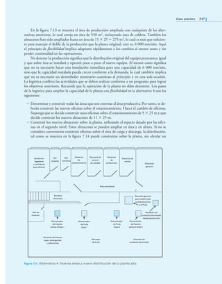 Caso práctico 247
En la ﬁgura 7.13 se muestra el área de producción ampliada con cualquiera de las alter-
nativas anteriores, lo cual arroja un área de 550 m2, incluyendo área de caldera. También los
almacenes han sido ampliados hasta un área de 11 × 25 = 275 m2, lo cual es más que suﬁcien-
te para manejar el doble de la producción que la planta original, esto es, 6 000 ton/año. Aquí
el principio de flexibilidad implica adaptarse rápidamente a los cambios al menor costo y sin
perder continuidad en las operaciones.
No detener la producción signiﬁca que la distribución original del equipo permanece igual
y que sobre ésta se instalará y operará poco a poco el nuevo equipo. Al menor costo signiﬁca
que no es necesario hacer una instalación inmediata para una capacidad de 6 000 ton/año,
sino que la capacidad instalada pueda crecer conforme a la demanda, lo cual también implica
que no es necesario un desembolso monetario cuantioso al principio y en una sola ocasión.
La logística conlleva las actividades que se deben realizar conforme a un programa para lograr
los objetivos anteriores. Recuerde que la operación de la planta no debe detenerse. Los pasos
de la logística para ampliar la capacidad de la planta con flexibilidad en la alternativa 4 son los
siguientes:
• Determinar y construir todas las áreas que son externas al área productiva. Por tanto, se de-
berán construir las nuevas oﬁcinas sobre el estacionamiento. Hacer el cambio de oﬁcinas.
Suponga que se decide construir unas oﬁcinas sobre el estacionamiento de 9 × 25 m y que
decide construir los nuevos almacenes de 11 × 25 m.
• Construir los nuevos almacenes sobre la planta, utilizando el espacio dejado por las oﬁci-
nas en el segundo nivel. Estos almacenes se pueden ampliar en área y en altura. Si no se
considera conveniente construir oﬁcinas sobre el área de carga y descarga, la distribución,
tal como se muestra en la ﬁgura 7.14 puede construirse sobre la planta, sin olvidar un
Sanitarios,
regaderas
y vestidores
para obreros
WC
mujeres
WC
hombres
Gerencia
de
mantenimiento
Gerencia de
control
de calidad
Gerencia
de
producción
Gerencia de
ventas
Dirección
general
Elevador general
para recibir toda
la materia prima
y la fruta
Recibidor de
producto terminado
desde producción
Alimentador
de fruta
línea 2
Alimentador
de frascos
vacíos a línea 1
Alimentador
de fruta
línea 1
Alimentador
de frascos
vacíos a línea 2
Almacén
de fruta
Almacén de frascos
tapas, detergentes
y rafacciones
Jefe de
almacén
Almacén de
producto terminado
Área secretarial
Escalera
de acceso
Figura 7.14 Alternativa 4. Nuevas áreas y nueva distribución de la planta alta.
 
