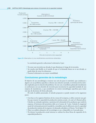 266 CAPÍTULO SIETE: Metodología para evaluar el incremento de la capacidad instalada
La conclusión general es seleccionar la alternativa 3 por:
• No tener una inversión tan elevada, lo que disminuye el riesgo de la inversión.
• Ser mucho más ﬂexible en el sentido de que si la demanda futura no es tan elevada, se
puede dejar de rentar los almacenes.
• Presenta la alternativa con mayor rentabilidad.
Conclusiones generales de la metodología
El objetivo de una metodología es mostrar una serie de pasos (o métodos), que conduzcan a
alguien con un problema especíﬁco a obtener una solución razonada, en términos de los méto-
dos empleados para la solución del problema. En este caso, el problema planteado inicialmente
es confrontarse con una decisión de inversión para incrementar la capacidad instalada de una
empresa de manufactura, y que actualmente no existen metodologías especíﬁcas para tomar
este tipo de decisiones de forma adecuada.
De todo el análisis presentado, el método propuesto se puede resumir en los siguientes
pasos:
• Con base en los registros históricos de las ventas de la empresa, se debe construir una grá-
ﬁca que muestre la capacidad de producción máxima actual, a la cual se le llamará oferta.
Calcular un estimado optimista y pesimista de la demanda de los productos que tendrá la
empresa; el horizonte del pronóstico debe ser al menos de 5 años. Calcular la magnitud
anual de la demanda potencial insatisfecha, entendida como la diferencia entre la capacidad
de producción máxima de la empresa y la demanda calculada en el futuro. Vea la ﬁgura 7.3
• Hacer un análisis exhaustivo de la tecnología en uso y disponible en el mercado para:
• No detener la producción actual mientras se realizan las obras físicas de expansión de la
capacidad productiva.
Figura 7.19 Alternativa 4 y los rendimientos económicos obtenidos.
0 1 2 3 4 5
3 000
4 000
5 000
6 000
OFERTA
Capacidad máxima actual
Momento de tomar
la decisión
5 500
4 500
3 500
Alternativa 4
Inversión de $4 618 (miles)
1 turno TIR = 55.62%
2 turnos TIR = 103.94%
3 turnos TIR = 143.61%
Años de incremento de la capacidad
Pronóstico
optimista de ventas
Pronóstico
pesimista de venta
Producción
Ton/año (miles)
Incremento
de 3 000 ton/año
Incremento
de 2 100 ton/año
Incremento
de 1 500 ton/año
 