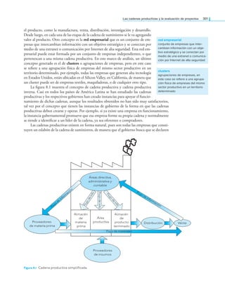 las cadenas productivas y la evaluación de proyectos 301
el producto, como la manufactura, venta, distribución, investigación y desarrollo.
Desde luego, en cada una de las etapas de la cadena de suministros se le va agregando
valor al producto. Otro concepto es la red empresarial que es un conjunto de em-
presas que intercambian información con un objetivo estratégico y se conectan por
medio de una extranet o comunicación por Internet de alta seguridad. Esta red em-
presarial puede estar formada por un conjunto de empresas independientes, o que
pertenezcan a una misma cadena productiva. En este marco de análisis, un último
concepto generado es el de clusters o agrupaciones de empresas, pero en este caso
se reiere a una agrupación física de empresas del mismo sector productivo en un
territorio determinado, por ejemplo, todas las empresas que generan alta tecnología
en Estados Unidos, están ubicadas en el Silicon Valley, en California, de manera que
un cluster puede ser de empresas textiles, maquiladoras, o de cualquier otro tipo.
La igura 8.1 muestra el concepto de cadena productiva y cadena productiva
inversa. Casi en todos los países de América Latina se han estudiado las cadenas
productivas y los respectivos gobiernos han creado instancias para apoyar el funcio-
namiento de dichas cadenas, aunque los resultados obtenidos no han sido muy satisfactorios,
tal vez por el concepto que tienen las instancias de gobierno de la forma en que las cadenas
productivas deben crearse y operar. Por ejemplo, si ya existe una empresa en funcionamiento,
la instancia gubernamental promueve que esa empresa forme su propia cadena y normalmente
se tiende a identiicar a un líder de la cadena, ya sea oferentes o compradores.
Las cadenas productivas existen en forma natural, pues son todas las empresas que consti-
tuyen un eslabón de la cadena de suministros, de manera que el gobierno busca que se declaren
red empresarial
conjunto de empresas que inter-
cambian información con un obje-
tivo estratégico y se conectan por
medio de una extranet o comunica-
ción por Internet de alta seguridad
clusters
agrupaciones de empresas, en
este caso se refiere a una agrupa-
ción física de empresas del mismo
sector productivo en un territorio
determinado
Figura 8.1 Cadena productiva simpliicada.
Proveedores
de insumos
Almacén
de
materia
prima
Área
productiva
Almacén
de
producto
terminado
Distribución Venta
Flujo de materiales
Flujo de información
Flujo
de
inform
ación
Flujo
de
info
F
l
u
j
o
d
e
i
n
f
o
F
l
u
j
o
d
e
i
n
f
o
Áreas directiva,
administrativa y
contable
Proveedores
de materia prima
 