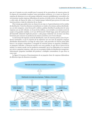 la planeación del desarrollo industrial 305
que por el tamaño no sería rentable para la mayoría de los proveedores de materia prima de
la empresa de mermeladas instalarse como proveedores exclusivos, si se creara un cluster de
empresas de alimentos en un solo parque industrial, entonces probablemente convendría a los
inversionistas instalar empresas elaboradoras de pectina, de ácido cítrico, de benzoato de sodio
y, sobre todo, de frascos de vidrio, en el mismo parque industrial para proveer de todas estas
materias primas a todas las industrias de ese cluster.
Otra ventaja que podría tener un cluster de este tipo es el aprovechamiento de los medios
de distribución. Como los alimentos normalmente se venden a las mismas cadenas distribuido-
ras, un solo transporte, como ferrocarril o tráileres, podrían distribuir la producción de varias
empresas con un solo vehículo, en el caso de los tráileres, o ser enviados a un mismo centro de
acopio en las grandes ciudades, en el caso del ferrocarril. Desde luego, parte de la planeación
del desarrollo industrial implicaría proveer a cada parque industrial con al menos una línea
ferroviaria para conectar sus productos de manera económica con el resto del país.
La desventaja del esquema actual de distribución, tanto de materias primas como de pro-
ductos terminados, es que la mayoría de las industrias son una serie de pequeñas empresas
distribuidas aleatoriamente a lo largo de todo el país, cada proveedor de materia prima debe
buscar a sus propios compradores y entregarle las materias primas en pequeñas cantidades y
en pequeños vehículos, a distancias muchas veces muy grandes, lo que eleva el precio de las
mismas. Lo mismo sucede con los productos terminados, que al ser elaborados en su mayoría
por micro o pequeñas empresas, cada una con sus propios medios de distribución transportan,
relativamente, pequeñas cantidades del producto a múltiples consumidores, lo que eleva su
costo total.
La igura 8.4 muestra el funcionamiento de un pequeño cluster de empresas elaboradoras
de diferentes tipos de alimentos envasados.
Figura 8.4 Cluster de industrias envasadoras de alimentos procesados.
Productor de
mermeladas envasadas
Productor de vegetales
envasados
Productor de frutas en
almíbar envasadas
Productor de picante
envasado
Proveedor de
ác. cítrico
Proveedor de
benzoato de
sodio
Proveedor de
frascos de
vidrio
Proveedor de
etiquetas
Proveedor de
tapas
metálicas
Proveedor de
cajas de
cartón
Distribuidor de todas las empresas. Tráileres o ferrocarril
Mercado de alimentos procesados y envasados
 