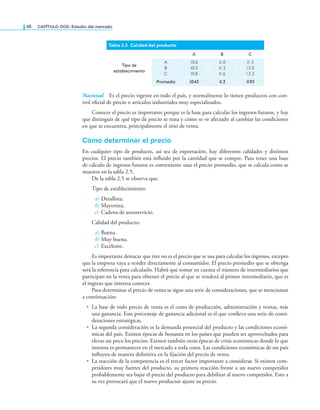 46 CAPÍTULO DOS: Estudio del mercado
Nacional Es el precio vigente en todo el país, y normalmente lo tienen productos con con-
trol oicial de precio o artículos industriales muy especializados.
Conocer el precio es importante porque es la base para calcular los ingresos futuros, y hay
que distinguir de qué tipo de precio se trata y cómo se ve afectado al cambiar las condiciones
en que se encuentra, principalmente el sitio de venta.
Cómo determinar el precio
En cualquier tipo de producto, así sea de exportación, hay diferentes calidades y distintos
precios. El precio también está inluido por la cantidad que se compre. Para tener una base
de cálculo de ingresos futuros es conveniente usar el precio promedio, que se calcula como se
muestra en la tabla 2.5.
De la tabla 2.5 se observa que.
Tipo de establecimiento:
a) Detallista.
b) Mayorista.
c) Cadena de autoservicio.
Calidad del producto:
a) Buena.
b) Muy buena.
c) Excelente.
Es importante destacar que éste no es el precio que se usa para calcular los ingresos, excepto
que la empresa vaya a vender directamente al consumidor. El precio promedio que se obtenga
será la referencia para calcularlo. Habrá que tomar en cuenta el número de intermediarios que
participan en la venta para obtener el precio al que se venderá al primer intermediario, que es
el ingreso que interesa conocer.
Para determinar el precio de venta se sigue una serie de consideraciones, que se mencionan
a continuación:
• La base de todo precio de venta es el costo de producción, administración y ventas, más
una ganancia. Este porcentaje de ganancia adicional es el que conlleva una serie de consi-
deraciones estratégicas.
• La segunda consideración es la demanda potencial del producto y las condiciones econó-
micas del país. Existen épocas de bonanza en los países que pueden ser aprovechados para
elevar un poco los precios. Existen también otras épocas de crisis económicas donde lo que
interesa es permanecer en el mercado a toda costa. Las condiciones económicas de un país
inluyen de manera deinitiva en la ijación del precio de venta.
• La reacción de la competencia es el tercer factor importante a considerar. Si existen com-
petidores muy fuertes del producto, su primera reacción frente a un nuevo competidor
probablemente sea bajar el precio del producto para debilitar al nuevo competidor. Esto a
su vez provocará que el nuevo productor ajuste su precio.
Tabla 2.5 Calidad del producto
Tipo de
establecimiento
A B C
A
B
C
10.0
10.5
10.8
1
1.0
1
1.3
1
1.6
1
1.5
12.0
12.3
Promedio 10.43 1
1.3 1
1.93
 