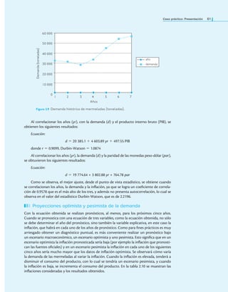 Caso práctico: Presentación 61
Al correlacionar los años (yr), con la demanda (d) y el producto interno bruto (PIB), se
obtienen los siguientes resultados:
Ecuación:
d = 20 385.1 + 4 603.89 yr + 497.55 PIB
donde r = 0.9099, Durbin-Watson = 1.0874
Al correlacionar los años (yr), la demanda (d) y la paridad de las monedas peso-dólar (par),
se obtuvieron los siguientes resultados:
Ecuación:
d = 19 774.64 + 3 802.88 yr + 764.78 par
Como se observa, el mejor ajuste, desde el punto de vista estadístico, se obtiene cuando
se correlacionan los años, la demanda y la inlación, ya que se logra un coeiciente de correla-
ción de 0.9578 que es el más alto de los tres, y además no presenta autocorrelación, lo cual se
observa en el valor del estadístico Durbin-Watson, que es de 2.2196.
Proyecciones optimista y pesimista de la demanda
Con la ecuación obtenida se realizan pronósticos, al menos, para los próximos cinco años.
Cuando se pronostica con una ecuación de tres variables, como la ecuación obtenida, no sólo
se debe determinar el año del pronóstico, sino también la variable explicativa, en este caso la
inlación, que habrá en cada uno de los años de pronóstico. Como para ines prácticos es muy
arriesgado obtener un diagnóstico puntual, es más conveniente realizar un pronóstico bajo
un escenario macroeconómico, un escenario optimista y uno pesimista. Esto signiica que en un
escenario optimista la inlación pronosticada sería baja (por ejemplo la inlación que pronosti-
can las fuentes oiciales) y en un escenario pesimista la inlación en cada uno de los siguientes
cinco años sería mucho mayor que los datos de inlación optimista. Se observará cómo varía
la demanda de las mermeladas al variar la inlación. Cuando la inlación es elevada, tenderá a
disminuir el consumo del producto, con lo cual se tendría un escenario pesimista, y cuando
la inlación es baja, se incrementa el consumo del producto. En la tabla 2.10 se muestran las
inlaciones consideradas y los resultados obtenidos.
60 000
50 000
40 000
30 000
20 000
10 000
0
1 2 3 4 5 6 7
año
demanda
Demanda
(toneladas)
Años
Figura 2.9 Demanda histórica de mermeladas (toneladas).
 