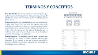 TERMINOS Y CONCEPTOS
Tasa de interés: Nos indica cuánto vale ahora el dinero que
recibiremos en una fecha posterior. Cabe precisar que la tasa de
interés sirve para aumentar el valor (o añadir intereses) en el
dinero actual.
Tasa de descuento: es la tasa de interés que sirve para calcular
el valor que tienen hoy una serie de ingresos que serán
recibidos más adelante, es decir, nos permite conocer el valor
presente del dinero. Los inversionistas utilizan este método para
evaluar diferentes proyectos. (La tasa de descuento, por el
contrario, resta valor al dinero futuro cuando se traslada al
presente, al menos que sea negativa.)
Tasa de Impuesto: Este impuesto grava la renta y, en este caso
en específico, se refiere a todos aquellos ingresos que
provengan de un capital, ya sea de empresas comerciales,
servicios, industriales, mineras o cualquier otra figura legal de
este tipo que contemple la ley
 