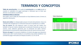 TERMINOS Y CONCEPTOS
Tabla de amortización : Un cuadro de amortización es una tabla donde se
muestra el calendario de pagos (principal e intereses) que se tiene que
afrontar al concederse un préstamo.
VARIABLES PARA EL CÁLCULO
Para poder crear la tabla de amortización en Excel debemos tener al menos la
siguiente información:
Monto del crédito: Es indispensable conocer el monto del préstamo. Esta es la
cantidad neta otorgada por la institución financiera al aprobarnos un crédito.
Tasa de interés: No solo debemos cubrir el monto total del crédito sino
también la tasa de interés cobrada por la institución financiera ya que es la
manera como obtienen ganancias por la prestación de dicho servicio.
Generalmente encontraremos especificada la tasa de interés de forma anual.
Número de pagos: Es necesario establecer el número de pagos que deseamos
realizar para cubrir nuestra deuda. Es una práctica muy común establecer una
cantidad de pagos mensuales (en bloques anuales): 12, 24, 36, 48.
 