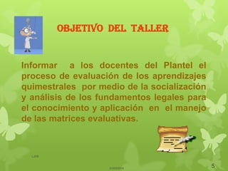 21/03/2014
LJVS
5
Informar a los docentes del Plantel el
proceso de evaluación de los aprendizajes
quimestrales por medio de la socialización
y análisis de los fundamentos legales para
el conocimiento y aplicación en el manejo
de las matrices evaluativas.
OBJETIVO DEL TALLER
 