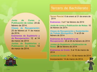 Tercero de Bachillerato
21/03/2014
LJVS
8
Tercer Parcial: 6 de enero al 31 de enero de
2014
Exámenes: 3 al 7 de febrero de 2014
Junta de curso y Publicación de Notas: 10
de febrero de 2014
Clases de Recuperación y Sustentación
de Trabajo Monográfico: 11 al 25 de
febrero de 2014
Exámenes de Supletorio y de
Recuperación: 26 al 28 de febrero de 2014
Juntas de Supletorio y Publicación de
Notas: 28 de febrero de 2014
Exámenes de Grado: 5 al 10 de marzo de
2014
Juntas de Grado: 11 – 12 de marzo de 2014
Incorporación: 14 de marzo de 2014.
Junta de Curso y
Publicación de notas: 24 de
febrero de 2014.
Clases de Recuperación:
25 de febrero al 11 de marzo
de 2014.
Exámenes de Supletorio y
de Recuperación: 12 al 14
de marzo de 2014
Juntas de Supletorios y
Publicación de Notas: 14
de marzo de 2014.
 