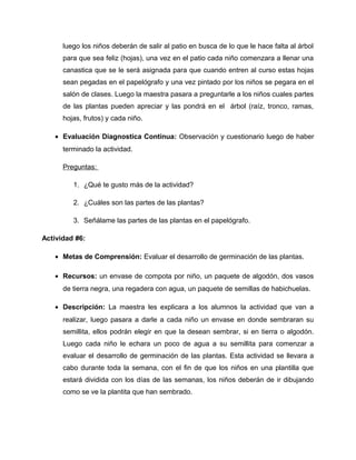 luego los niños deberán de salir al patio en busca de lo que le hace falta al árbol
      para que sea feliz (hojas), una vez en el patio cada niño comenzara a llenar una
      canastica que se le será asignada para que cuando entren al curso estas hojas
      sean pegadas en el papelógrafo y una vez pintado por los niños se pegara en el
      salón de clases. Luego la maestra pasara a preguntarle a los niños cuales partes
      de las plantas pueden apreciar y las pondrá en el árbol (raíz, tronco, ramas,
      hojas, frutos) y cada niño.

   • Evaluación Diagnostica Continua: Observación y cuestionario luego de haber
      terminado la actividad.

      Preguntas:

         1. ¿Qué te gusto más de la actividad?

         2. ¿Cuáles son las partes de las plantas?

         3. Señálame las partes de las plantas en el papelógrafo.

Actividad #6:

   • Metas de Comprensión: Evaluar el desarrollo de germinación de las plantas.

   • Recursos: un envase de compota por niño, un paquete de algodón, dos vasos
      de tierra negra, una regadera con agua, un paquete de semillas de habichuelas.

   • Descripción: La maestra les explicara a los alumnos la actividad que van a
      realizar, luego pasara a darle a cada niño un envase en donde sembraran su
      semillita, ellos podrán elegir en que la desean sembrar, si en tierra o algodón.
      Luego cada niño le echara un poco de agua a su semillita para comenzar a
      evaluar el desarrollo de germinación de las plantas. Esta actividad se llevara a
      cabo durante toda la semana, con el fin de que los niños en una plantilla que
      estará dividida con los días de las semanas, los niños deberán de ir dibujando
      como se ve la plantita que han sembrado.
 