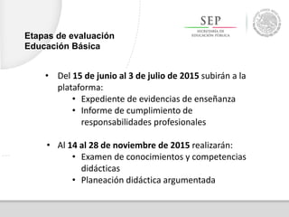 • Del 15 de junio al 3 de julio de 2015 subirán a la
plataforma:
• Expediente de evidencias de enseñanza
• Informe de cumplimiento de
responsabilidades profesionales
• Al 14 al 28 de noviembre de 2015 realizarán:
• Examen de conocimientos y competencias
didácticas
• Planeación didáctica argumentada
Etapas de evaluación
Educación Básica
 