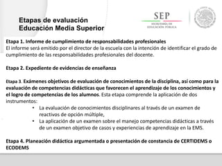 Etapa 1. Informe de cumplimiento de responsabilidades profesionales
El informe será emitido por el director de la escuela con la intención de identificar el grado de
cumplimiento de las responsabilidades profesionales del docente.
Etapa 2. Expediente de evidencias de enseñanza
Etapa 3. Exámenes objetivos de evaluación de conocimientos de la disciplina, así como para la
evaluación de competencias didácticas que favorecen el aprendizaje de los conocimientos y
el logro de competencias de los alumnos. Esta etapa comprende la aplicación de dos
instrumentos:
• La evaluación de conocimientos disciplinares al través de un examen de
reactivos de opción múltiple,
• La aplicación de un examen sobre el manejo competencias didácticas a través
de un examen objetivo de casos y experiencias de aprendizaje en la EMS.
Etapa 4. Planeación didáctica argumentada o presentación de constancia de CERTIDEMS o
ECODEMS
Etapas de evaluación
Educación Media Superior
 