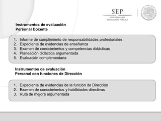 1. Informe de cumplimiento de responsabilidades profesionales
2. Expediente de evidencias de enseñanza
3. Examen de conocimientos y competencias didácticas
4. Planeación didáctica argumentada
5. Evaluación complementaria
Instrumentos de evaluación
Personal Docente
Instrumentos de evaluación
Personal con funciones de Dirección
1. Expediente de evidencias de la función de Dirección
2. Examen de conocimientos y habilidades directivas
3. Ruta de mejora argumentada
 
