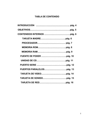 3 
TABLA DE CONTENIDO 
INTRODUCCIÓN ……………………………………….. pág. 4 
OBJETIVOS……………………………….……………….pág. 5 
CONTENIDOS INTERNOS ………………………………pág. 6 
TARJETA MADRE……………………………..pág. 6 
PROCESADOR………………………………… pág. 7 
MEMORIA ROM…………………………………pág. 8 
MEMORIA RAM………………………………….pág. 9 
FUENTE DE PODER ……………………………..pág. 10 
UNIDAD DE CD…………………………………..pág. 11 
PUERTO SERIE …………………………………...pág. 12 
PUERTOS PARALELOS………………………….pág. 13 
TARJETA DE VIDEO……………………………..pág. 14 
TARJETA DE SONIDO……………………………pág. 15 
TARJETA DE RED……………………………….pág. 16 
 