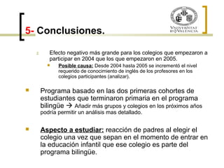 5- Conclusiones. 
2. Efecto negativo más grande para los colegios que empezaron a 
participar en 2004 que los que empezaron en 2005. 
 Posible causa: Desde 2004 hasta 2005 se incrementó el nivel 
requerido de conocimiento de inglés de los profesores en los 
colegios participantes (analizar). 
 Programa basado en las dos primeras cohortes de 
estudiantes que terminaron primaria en el programa 
bilingüe  Añadir más grupos y colegios en los próximos años 
podría permitir un análisis mas detallado. 
 Aspecto a estudiar: reacción de padres al elegir el 
colegio una vez que sepan en el momento de entrar en 
la educación infantil que ese colegio es parte del 
programa bilingüe. 
 