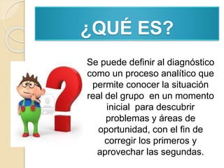 ¿QUÉ ES?
 Se puede definir al diagnóstico
como un proceso analítico que
permite conocer la situación
real del grupo en un momento
inicial para descubrir
problemas y áreas de
oportunidad, con el fin de
corregir los primeros y
aprovechar las segundas.
 