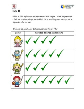 Parte II
Pablo y Pilar aplicaron una encuesta a sus amigos y les preguntaron:
¿Cuál es tu dios griego preferido? De lo cual lograron recolectar la
siguiente información:
Observa los resultados de la encuesta de Pablo y Pilar
Dioses Cantidad de niños que les gusta
 