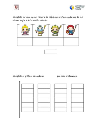 Completa la tabla con el número de niños que prefiere cada uno de los
dioses según la información anterior.
Completa el gráfico, pintando un por cada preferencia.
 
