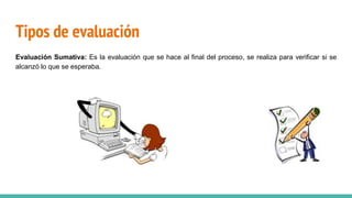 Tipos de evaluación
Evaluación Sumativa: Es la evaluación que se hace al final del proceso, se realiza para verificar si se
alcanzó lo que se esperaba.
 
