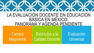 LA EVALUACIÓN DOCENTE EN EDUCACIÓN
BÁSICA EN MÉXICO:
PANORAMA Y AGENDA PENDIENTE
Carrera
Magisterial
Estímulos a la
Calidad Docente
Evaluación
Universal
 