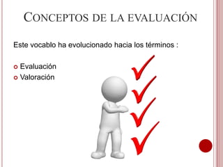 CONCEPTOS DE LA EVALUACIÓN
Este vocablo ha evolucionado hacia los términos :
 Evaluación
 Valoración
 