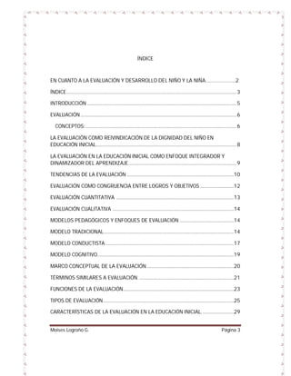 ÍNDICE

EN CUANTO A LA EVALUACIÓN Y DESARROLLO DEL NIÑO Y LA NIÑA…………………..2
ÍNDICE .................................................................................................................................... 3
INTRODUCCIÓN .................................................................................................................... 5
EVALUACIÓN ......................................................................................................................... 6
CONCEPTOS: ..................................................................................................................... 6
LA EVALUACIÓN COMO REIVINDICACIÓN DE LA DIGNIDAD DEL NIÑO EN
EDUCACIÓN INICIAL............................................................................................................. 8
LA EVALUACIÓN EN LA EDUCACIÓN INICIAL COMO ENFOQUE INTEGRADOR Y
DINAMIZADOR DEL APRENDIZAJE.................................................................................... 9
TENDENCIAS DE LA EVALUACIÓN ...................................................................................10
EVALUACIÓN COMO CONGRUENCIA ENTRE LOGROS Y OBJETIVOS ..........................12
EVALUACIÓN CUANTITATIVA ...........................................................................................13
EVALUACIÓN CUALITATIVA ..............................................................................................14
MODELOS PEDAGÓGICOS Y ENFOQUES DE EVALUACIÓN ..........................................14
MODELO TRADICIONAL .....................................................................................................14
MODELO CONDUCTISTA ....................................................................................................17
MODELO COGNITIVO..........................................................................................................19
MARCO CONCEPTUAL DE LA EVALUACIÓN....................................................................20
TÉRMINOS SIMILARES A EVALUACIÓN. .........................................................................21
FUNCIONES DE LA EVALUACIÓN......................................................................................23
TIPOS DE EVALUACIÓN .....................................................................................................25
CARACTERÍSTICAS DE LA EVALUACIÓN EN LA EDUCACIÓN INICIAL. ........................29

Moises Logroño G.

Página 3

 