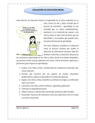 EVALUACIÓN EN EDUCACIÓN INICIAL

Cada docente de Educación Inicial es responsable de la tarea evaluativa en su
aula y fuera de ella, y debe recordar que el
proceso de enseñanza - aprendizaje es una
actividad que se valora cualitativamente.
Asimismo, en el momento de evaluar a los
niños y niñas se debe tener presente que las
dificultades o necesidades que puedan tener
son parte del proceso de aprendizaje.
Por tanto, debemos considerar la evaluación
como un proceso continuo que facilite la
obtención de información relevante sobre los
distintos momentos y situaciones del proceso
de enseñanza y aprendizaje de los niños y niñas, desde una mirada integradora,
que permita emitir un juicio valorativo con miras a tomar decisiones oportunas y
pertinentes para mejorar los aprendizajes.
1. Evaluar a los niños y niñas, considerando las condiciones personales que
tienen cada uno.
2. Permitir que muestren que son capaces de resolver situaciones
problemáticas y aplicar lo aprendido en el momento oportuno.
3. Ayudar a los niños y niñas a identificar y estimular sus logros y a reflexionar
sobre sus errores.
4. Comunicar a los niños y niñas confianza, seguridad y optimismo.
5. Estimular la capacidad de pensar.
6. Utilizar técnicas e instrumentos funcionales, prácticos y diferenciados.
7. Desarrollar el proceso de evaluación como una experiencia más en el aula
y no como una prueba.

Moises Logroño G.

Página 30

 