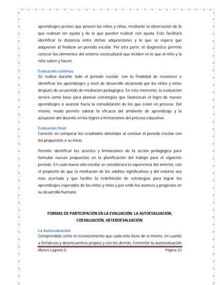 aprendizajes previos que poseen los niños y niñas, mediante la observación de lo
que realizan sin ayuda y de lo que pueden realizar con ayuda. Esto facilitará
identificar la distancia entre dichas adquisiciones y lo que se espera que
adquieran al finalizar un período escolar. Por otra parte, el diagnóstico permite
conocer los elementos del entorno sociocultural que inciden en lo que el niño y la
niña saben y hacen.
Evaluación continúa:
Se realiza durante todo el período escolar, con la finalidad de reconocer o
identificar los aprendizajes y nivel de desarrollo alcanzado por los niños y niñas
después de un período de mediación pedagógica. En este momento, la evaluación
servirá como base para planear estrategias que favorezcan el logro de nuevos
aprendizajes o avanzar hacia la consolidación de los que están en proceso. Del
mismo, modo permite valorar la eficacia del ambiente de aprendizaje y la
actuación del docente en los logros o limitaciones del proceso educativo.
Evaluación final:
Consiste en comparar los resultados obtenidos al concluir el período escolar con
los propuestos a su inicio.
Permite identificar los aciertos y limitaciones de la acción pedagógica para
formular nuevas propuestas en la planificación del trabajo para el siguiente
período. En cada nuevo año escolar se considerará la experiencia del anterior, con
el propósito de que la mediación de los adultos significativos y del entorno sea
más acertada y que facilite la redefinición de estrategias para lograr los
aprendizajes esperados de los niños y niñas y por ende los avances y progresos en
su desarrollo humano.

FORMAS DE PARTICIPACIÓN EN LA EVALUACIÓN: LA AUTOEVALUACIÓN,
COEVALUACIÓN, HETEROEVALUACIÓN.
La Autoevaluación:
Comprendida como el reconocimiento que cada niño tiene de sí mismo, en cuanto
a fortalezas y desencuentros propios y con los demás. Fomentar la autoevaluación
Moises Logroño G.

Página 33

 