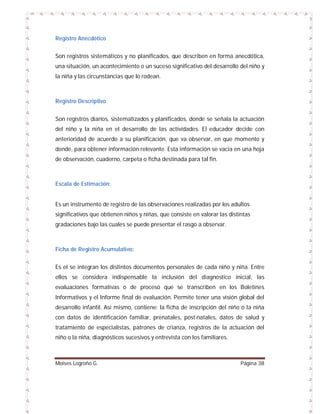 Registro Anecdótico
Son registros sistemáticos y no planificados, que describen en forma anecdótica,
una situación, un acontecimiento o un suceso significativo del desarrollo del niño y
la niña y las circunstancias que lo rodean.

Registro Descriptivo
Son registros diarios, sistematizados y planificados, donde se señala la actuación
del niño y la niña en el desarrollo de las actividades. El educador decide con
anterioridad de acuerdo a su planificación, que va observar, en que momento y
donde, para obtener información relevante. Esta información se vacía en una hoja
de observación, cuaderno, carpeta o ficha destinada para tal fin.

Escala de Estimación:

Es un instrumento de registro de las observaciones realizadas por los adultos
significativos que obtienen niños y niñas, que consiste en valorar las distintas
gradaciones bajo las cuales se puede presentar el rasgo a observar.

Ficha de Registro Acumulativo:
Es el se integran los distintos documentos personales de cada niño y niña. Entre
ellos se considera indispensable la inclusión del diagnostico inicial, las
evaluaciones formativas o de proceso que se transcriben en los Boletines
Informativos y el Informe final de evaluación. Permite tener una visión global del
desarrollo infantil. Así mismo, contiene: la ficha de inscripción del niño o la niña
con datos de identificación familiar, prenatales, post-natales, datos de salud y
tratamiento de especialistas, patrones de crianza, registros de la actuación del
niño o la niña, diagnósticos sucesivos y entrevista con los familiares.

Moises Logroño G.

Página 38

 