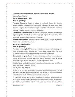 Ejemplo de redacción para Boletín Informativo (Fase o Nivel Maternal).
Nombre: Ismael Infante
Mes de diciembre: Edad 2 años
Áreas de Aprendizaje:
Formación Personal y Social: Se adaptó al maternal. Conoce las distintas
instalaciones del Centro y la ubicación de los materiales del aula. Llama a los
docentes y algunos de sus compañeros por su nombre. Está avisando cuando se
hace pipí o pupú, en ocasiones orina en la bacinilla…
Comunicación y representación: Se comunica con gestos, verbaliza el nombre de
algunos juguetes. Disfruta de las canciones y repite algunas de sus palabras. Baila
al ritmo de la música. Raya con creyones de cera…
Relación con el ambiente: Reconoce la lluvia y el sol. Ayuda a recoger los juguetes.
Reconoce lo que está arriba y abajo…
Mes de abril: 2 años 4 meses
Áreas de Aprendizaje:
Formación Personal y Social: Ya conoce el nombre de más compañeros, juega con
ellos. Sobre todo le gusta jugar con Luis y Carlos. Avisa cuando quiere ir al baño,
ya controla esfínteres. Es alegre y disfruta de la compañía de los otros.…
Comunicación y representación: Ha aumentado su vocabulario, nombra diversos
objetos y materiales del aula, así como algunos alimentos. Toca el tambor
intentando seguir el ritmo de la música. Disfruta al pintar con pincel…
Relación con el ambiente: Conoce el uso de los materiales del aula; identifica al
perro, gato, avión y emite sus sonidos…
Mes de julio 2 años 7 meses …
Si bien en los ejemplos presentados se destaca la evaluación del niño/a no hay
que olvidar que el/la docente debe también evaluar diversos aspectos referidos a
la familia como adulto significativo en la vida de cada uno/a.
Es importante señalar que los datos recopilados en las observaciones continuas
de los niños /as y su entorno a través de los diversos instrumentos de evaluación
que diseñen, le permitirán al docente emitir juicios (qué hace el niño/a, qué hace
Moises Logroño G.

Página 46

 
