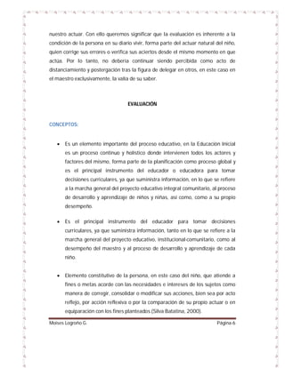 nuestro actuar. Con ello queremos significar que la evaluación es inherente a la
condición de la persona en su diario vivir, forma parte del actuar natural del niño,
quien corrige sus errores o verifica sus aciertos desde el mismo momento en que
actúa. Por lo tanto, no debería continuar siendo percibida como acto de
distanciamiento y postergación tras la figura de delegar en otros, en este caso en
el maestro exclusivamente, la valía de su saber.

EVALUACIÓN

CONCEPTOS:



Es un elemento importante del proceso educativo, en la Educación Inicial
es un proceso continuo y holístico donde intervienen todos los actores y
factores del mismo, forma parte de la planificación como proceso global y
es el principal instrumento del educador o educadora para tomar
decisiones curriculares, ya que suministra información, en lo que se refiere
a la marcha general del proyecto educativo integral comunitario, al proceso
de desarrollo y aprendizaje de niños y niñas, así como, como a su propio
desempeño.



Es el principal instrumento del educador para tomar decisiones
curriculares, ya que suministra información, tanto en lo que se refiere a la
marcha general del proyecto educativo, institucional-comunitario, como al
desempeño del maestro y al proceso de desarrollo y aprendizaje de cada
niño.



Elemento constitutivo de la persona, en este caso del niño, que atiende a
fines o metas acorde con las necesidades e intereses de los sujetos como
manera de corregir, consolidar o modificar sus acciones, bien sea por acto
reflejo, por acción reflexiva o por la comparación de su propio actuar o en
equiparación con los fines planteados (Silva Batatina, 2000).

Moises Logroño G.

Página 6

 