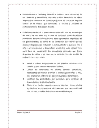 

Proceso dinámico, continuo y sistemático, enfocado hacia los cambios de
las conductas y rendimientos, mediante el cual verificamos los logros
adquiridos en función de los objetivos propuestos. La Evaluación adquiere
sentido en la medida que comprueba la eficacia y posibilita el
perfeccionamiento de la acción docente.



En la Educación Inicial, la evaluación del desarrollo y de los aprendizajes
del niño y la niña entre 0 y 6 años es concebida como un proceso
permanente de valorización cualitativa de los aprendizajes adquiridos y de
sus potencialidades, así como de las condiciones del entorno que los
afectan. Este proceso de evaluación es individualizado, ya que cada niño o
niña es un ser único que se desarrolla en un colectivo social-cultural. Tiene
como base de comparación los aprendizajes esperados que deben
desarrollar los niños y las niñas en su contexto. En este sentido, la
evaluación tendrá por objeto:


Valorar el proceso de aprendizaje del niño y la niña, identificando los
cambios que se suceden durante este proceso.



Conocer

las

condiciones

del

entorno

(familiar,

comunitario,

institucional) que facilitan o limitan el aprendizaje del niño y la niña,
para propiciar un ambiente que potencie su proceso de formación.


Identificar las posibilidades del currículum para contribuir al
desarrollo integral del niño y la niña.



Ofrecer a las familias, docentes, personal directivo y demás adultos
significativos, los elementos de juicio para una cabal comprensión del
niño y la niña, con el fin de brindarle una atención integral.

Moises Logroño G.

Página 7

 