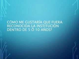 CÓMO ME GUSTARÍA QUE FUERA
RECONOCIDA LA INSTITUCIÓN
DENTRO DE 5 Ó 10 AÑOS?
 