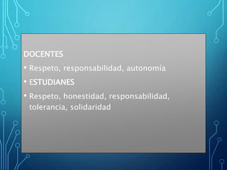 DOCENTES
• Respeto, responsabilidad, autonomía
• ESTUDIANES
• Respeto, honestidad, responsabilidad,
tolerancia, solidaridad
 