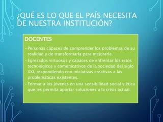 ¿QUÉ ES LO QUE EL PAÍS NECESITA
DE NUESTRA INSTITUCIÓN?
DOCENTES
•Personas capaces de comprender los problemas de su
realidad y de transformarla para mejorarla.
•Egresados virtuosos y capaces de enfrentar los retos
tecnológicos y comunicativos de la sociedad del siglo
XXI, respondiendo con iniciativas creativas a las
problemáticas existentes.
•Formar a los jóvenes en una sensibilidad social y ética
que les permita aportar soluciones a la crisis actual.
 