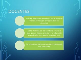 DOCENTES
Existen diferentes tendencias, de acuerdo al
tipo de formación profesional de los
docentes.
En las familias de los escolares circula la
idea que en épocas anteriores la educación
era más efectiva, porque se exigía más.
La evaluación para muchos está relacionada
con sanciones.
 