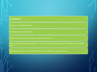 ESTUDIANTES
Construir y alcanzar sueños
Consolidar proyectos de vida
Desarrollo de la autonomía para la toma de decisiones
Para que los estudiantes aprendan a convivir y estén preparados para enfrentar los retos de la
vida.
Desarrollo de nuevos emprendimientos que contribuyan a mejorar el país.
 
