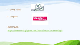• Cmap Tools 
• Glogster 
EJEMPLOS: 
http://loperez.edu.glogster.com/evolucion-de-la-tecnologia 
