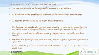Un docente en el S XXI es aquel que tiene en cuenta: 
• La reestructuración de los papeles del docente y el estudiante. 
• Al estudiante como participante activo en el desarrollo de su conocimiento 
• Al docente como mediador, sin dejar de ser enseñante 
• Un Docente con mayúsculas, porque logró derribar el mito de los apocalítpticos 
que anunciaban su desaparición ante tanta tecnología, recursos e Internet. 
• Un espacio donde sus estudiantes crean y comparten los contenidos que han 
creado. 
• Métodos más participativos para motivar, aplicar lo que se aprende, aprender a 
aprender. 
• En un docente que forma a personas multialfabetizadas para que puedan (entre 
otras cosas 
WEBGRAFIAS 
 