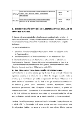 OP-CAT
Protocolofacultativode laConvencióncontralaTortura
y Otros Tratos o PenasCrueles,Inhumanoso
Degradantes
18 dic
2002
SPT
OP-CRPD
Protocolofacultativode laConvenciónsobre los
derechosde laspersonascon discapacidad
12 dic
2006
CRPD
6.- EXPLIQUE BREVEMENTE SOBRE EL SISTEMA INTERAMERICANO DE
DERECHOS HUMANOS.
El Sistema Interamericano de Derechos Humanos constitucionales constituye el
marco para la promoción y protección de los derechos humanos, y provee un recurso a los
habitantes de América que han sufrido violación de sus derechos humanos por parte
del Estado.
Los pilares del sistema son:
 la Comisión Interamericana de Derechos Humanos (CIDH) con sede en la ciudad
de Washington D.C. y
 la Corte Interamericana de Derechos Humanos, en San José de Costa Rica.
El sistema interamericano de derechos humanos se fundamenta en la Declaración
Americana de los Derechos y Deberes del Hombre, adoptada en 1948, la Carta de la
Organización de los Estados Americanos (1948) y en la Convención Americana sobre
Derechos Humanos, suscrita en 1969 y vigente desde 1978.
7.- QUE ES PARA USTED LA SUPREMACÍA CONSTITUCIONAL.
La Constitución es la norma suprema que rige la vida de una sociedad políticamente
organizada, es decir, de un Estado. En ella se definen los principios sobre los cuales se
constituye y las características que tendrá su organización. En el caso del Ecuador, en el
primer artículo de la Constitución del año 2008, se dice que “es un Estado constitucional
de derechos y justicia, social, democrático, soberano, independiente, unitario,
intercultural, plurinacional y laico. Se organiza en forma de república y se gobierna de
manera descentralizada”. Se establecen así las bases sobre las cuales debe construirse toda
la vida de la república que, legalmente, debe regirse por la propia Constitución, más las
leyes, reglamentos y demás normas, que no podrán contradecir el texto constitucional.
La misma Carta Magna consagra la supremacía de la Constitución, lo dice claramente en
el artículo 424: “La Constitución es la norma suprema y prevalece sobre cualquier otra
del ordenamiento jurídico. Las normas y los actos del poder público deberán mantener
 