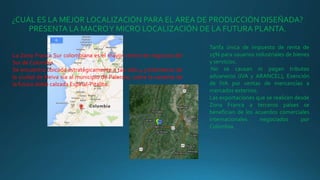 ¿CUÁL ES LA MEJOR LOCALIZACIÓN PARA EL ÁREA DE PRODUCCIÓN DISEÑADA?
PRESENTA LA MACROY MICRO LOCALIZACIÓN DE LA FUTURA PLANTA.
La Zona Franca Sur colombiana es el mayor centro de negocios del
Sur de Colombia.
Se encuentra ubicada estratégicamente a tan sólo 4.5 kilómetros de
la ciudad de Neiva vía al municipio de Palermo, sobre la variante de
la futura doble calzada Espinal-Pitalito.
Tarifa única de impuesto de renta de
15% para usuarios industriales de bienes
y servicios.
No se causan ni pagan tributos
aduaneros (IVA y ARANCEL), Exención
de IVA por ventas de mercancías a
mercados externos.
Las exportaciones que se realicen desde
Zona Franca a terceros países se
benefician de los acuerdos comerciales
internacionales negociados por
Colombia.
 