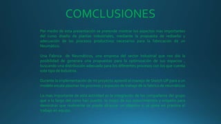 COMCLUSIONES
Por medio de esta presentación se pretende mostrar los aspectos mas importantes
del curso diseño de plantas industriales, mediante la propuesta de rediseño y
adecuación de los procesos productivos necesarios para la fabricación de un
Neumático.
Una Fabrica de Neumáticos, una empresa del sector Industrial que nos dio la
posibilidad de generara una propuestas para la optimización de sus espacios ,
buscando una distribución adecuada para los diferentes procesos con los que cuenta
este tipo de Industria.
Durante la implementación de mi proyecto aprendí el manejo de Sketch UP para a un
modelo escala plasmar los procesos y espacios de trabajo de la fabrica de neumáticos
Lo mas importante de esta actividad es la integración de los compañeros del grupo
que a lo largo del curso han puesto lo mejor de sus conocimientos y empeño para
demostrar que realmente se puede alcanzar un objetivo si se pone en practica el
trabajo en equipo.
 