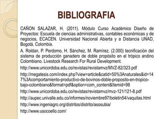 BIBLIOGRAFIA
CAÑON SALAZAR, H. (2011). Módulo Curso Académico Diseño de
Proyectos: Escuela de ciencias administrativas, contables económicas y de
negocios, ECACEN. Universidad Nacional Abierta y a Distancia UNAD,
Bogotá, Colombia.
A. Roldan, P. Perdomo, H. Sánchez, M. Ramírez. (2.000) tecnificación del
sistema de producción ganadero de doble propósito en el trópico andino
Colombiano. Livestock Research For Rural Development.
http://www.unicordoba.edu.co/revistas/revistamvz/MVZ-82/323.pdf
http://megatesis.com/index.php?view=article&catid=50%3Anaturales&id=14
7%3Acomportamiento-productivo-de-bovinos-doble-proposito-en-tropico-
bajo-colombiano&format=pdf&option=com_content&Itemid=98
http://www.unicordoba.edu.co/revistas/revistamvz/mvz-121/121-8.pdf
http://aupec.univalle.edu.co/informes/noviembre97/boletin54/vaquitas.html
http://www.ingeniagro.org/distritos/distrito/asosubia/
http://www.usocoello.com/
 