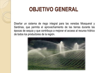 OBJETIVO GENERAL

Diseñar un sistema de riego integral para las veredas Mosqueral y
Sardinas, que permita el aprovechamiento de las tierras durante las
épocas de sequia y que contribuya a mejorar el acceso al recurso hídrico
de todos los productores de la región.
 