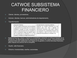 CATWOE SUBSISTEMA
FINANCIERO
 Cliente: clientes, proveedores.
 Actores: clientes, bancos, administradores de departamento,
 Transformación
 Weltanschauung: crecer y mejorar la rentabilidad, teniendo un enfoque basado en la
eficiencia y la efectividad de las operaciones al reducir los costos, incrementando los
ingresos todo esto realizando una mejora en la gestión y control del área financiera
para mejorar los activos de la compañía.
 Dueño: Jefe financiero.
 Entorno: inversionistas, dueños, accionistas.
 