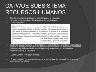 CATWOE SUBSISTEMA
RECURSOS HUMANOS
 Cliente: empleados, postulados a los cargos de la empresa.
 Actores: administradores de departamento, trabajadores.
 Transformación
 Weltanschauung: Ayudar a la organización, a sus dirigentes, gerentes y empleados al
evaluar el desempeño del personal, brindar capacitación en las diferentes actividades
para que mejore el desarrollo de los objetivos y programas de los diferentes
departamento de la compañía.
 Dueño: Jefe de recursos humanos.
 Entorno: director de recursos humanos, administrador del personal, departamento
administrativo y laboral.
 