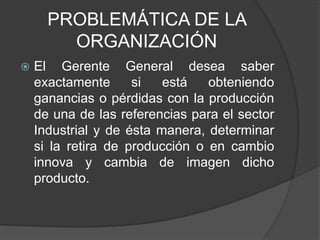 PROBLEMÁTICA DE LA
ORGANIZACIÓN
 El Gerente General desea saber
exactamente si está obteniendo
ganancias o pérdidas con la producción
de una de las referencias para el sector
Industrial y de ésta manera, determinar
si la retira de producción o en cambio
innova y cambia de imagen dicho
producto.
 