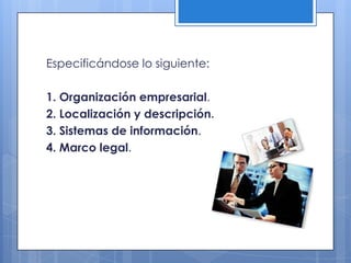 Especificándose lo siguiente:

1. Organización empresarial.
2. Localización y descripción.
3. Sistemas de información.
4. Marco legal.
 