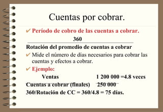 Cuentas por cobrar. Período de cobro de las cuentas a cobrar. 360 Rotación del promedio de cuentas a cobrar Mide el número de días necesarios para cobrar las cuentas y efectos a cobrar. Ejemplo: Ventas   1 200 000 =4.8 veces Cuentas a cobrar (finales)  250 000 360/Rotación de CC = 360/4.8 = 75 días. 